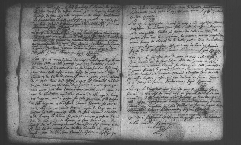MORSANG-SUR-SEINE. Paroisse Saint-Germain : Baptêmes, mariages, sépultures : registre paroissial (1692-1755). [Lacunes : B.M.S. (1709, 1712-1736, 1740-1742)]. 