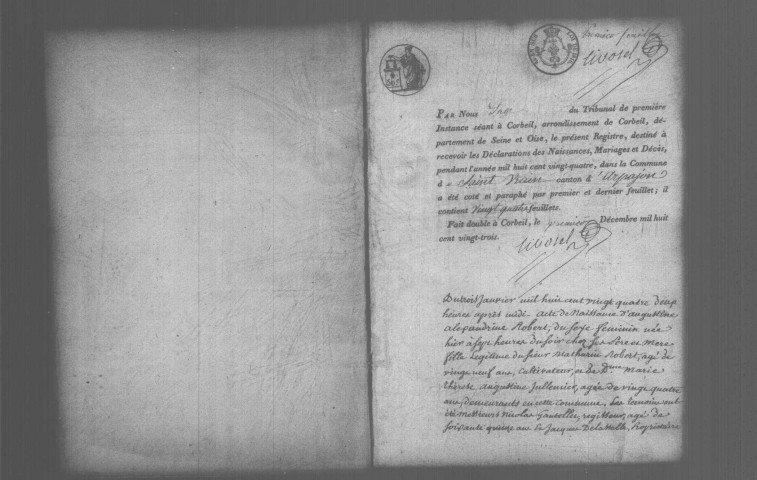 SAINT-VRAIN. Naissances, mariages, décès : registre d'état civil (1824-1834). 