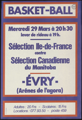 EVRY.- Basket-Ball : sélection Ile-de-France contre sélection Canadienne du Manitoba, Arêne de l'Agora, 29 mars 1978. 