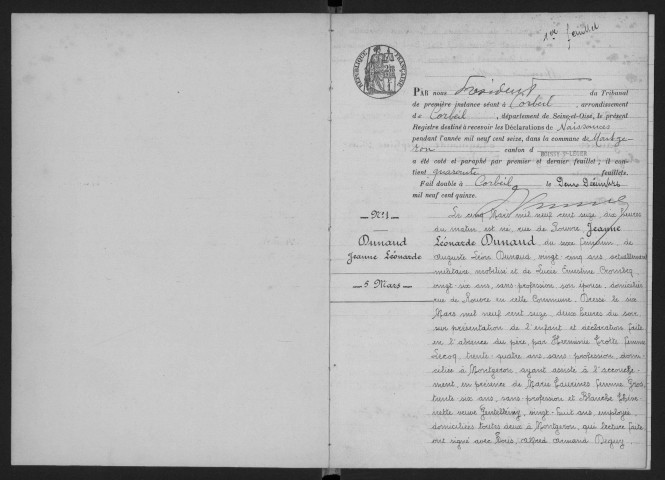 MONTGERON. - Naissances : registre d'état civil.