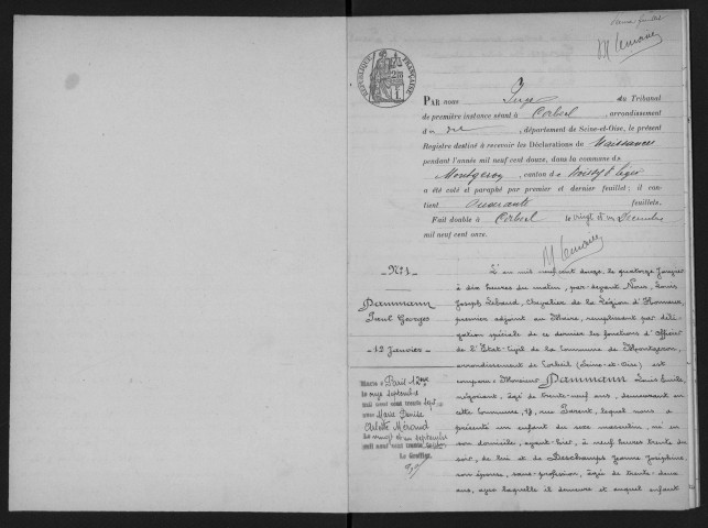 MONTGERON. - Naissances : registre d'état civil.