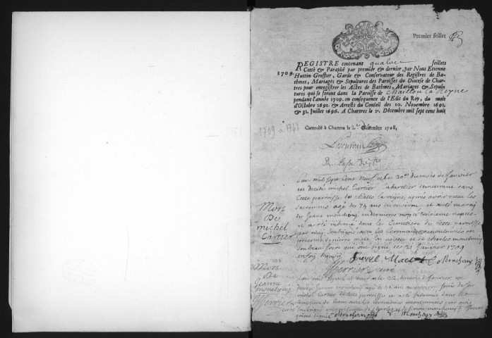 CHALOU-MOULINEUX. - CHALOU-LA-REINE - Paroisse de Saint-Aignan : registre paroissial des baptêmes, mariages, sépultures (1709-1748). 