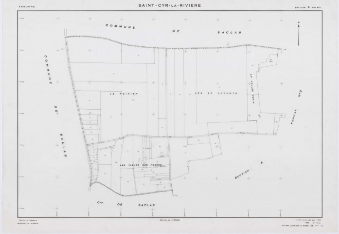 SAINT-CYR-LA-RIVIERE, plans minutes de conservation : tableau d'assemblage, 1955, Ech. 1/10000 ; plans des sections A1, A2, B1, B2, B3, B4, B5, C1, C2, D1, D2, D3, ZB, 1955, Ech. 1/2000. Polyester. N et B. Dim. 105 x 80 cm [14 plans]. 