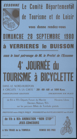 VERRIERES-LE-BUISSON.- 4ème journée du tourisme à bicyclette, Comité départemental de Tourisme et de Loisir, 28 septembre 1980. 