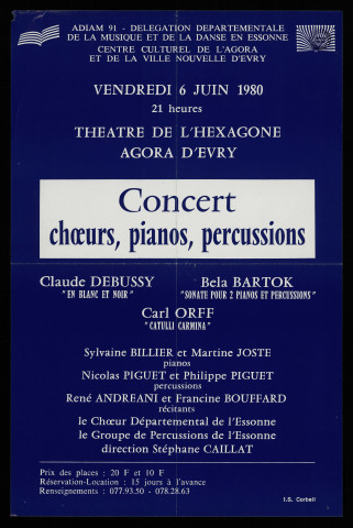 EVRY.- Concert : choeurs, pianos, percussions, Théâtre de l'Hexagone, Agora d'Evry, 6 juin 1980. 