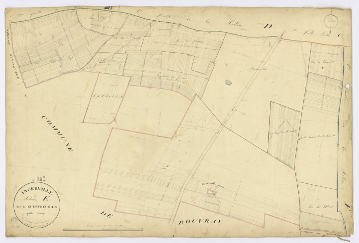 ANGERVILLE. - Section E - Guestreville, ech. 1/2500, coul., aquarelle, papier, 70x105 (1831). 