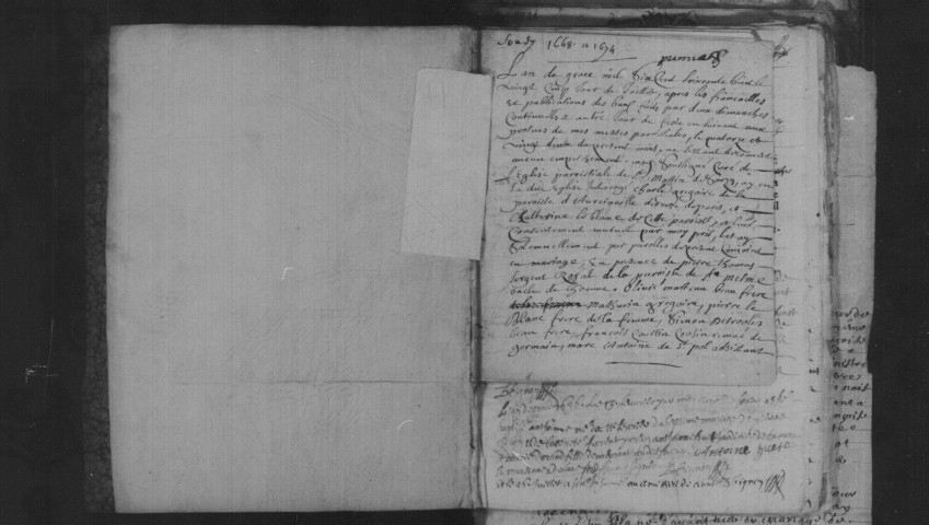 SOUZY-LA-BRICHE. Paroisse Saint-Martin de Souzy : Baptêmes, mariages, sépultures : registre paroissial (1668-1674, 1696-1765). [Lacunes : B.M.S. (1715-1717, 1723-1725)]. 