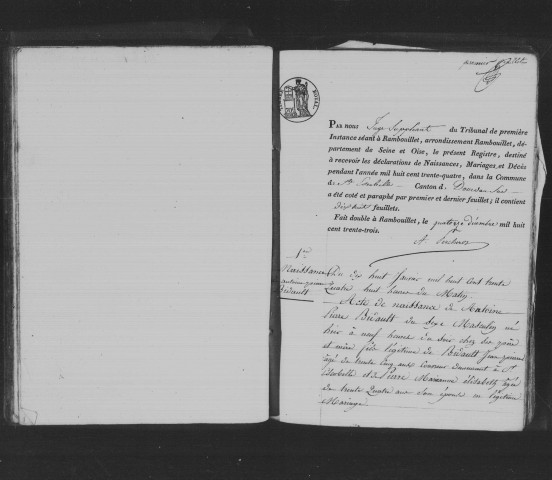SAINT-ESCOBILLE. - Registres d'état civil : naissances, mariages, décès [1834-1860] [documents originaux conservés aux Archives municipales de Saint-Escobille].