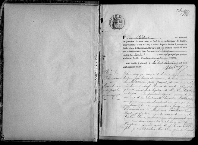 EVRY. Naissances, mariages, décès : registre d'état civil (1873-1882). 
