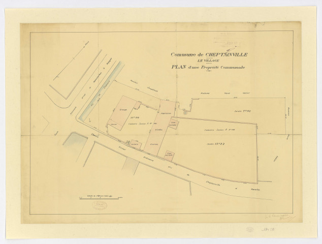 Plan d'une propriété communale à CHEPTAINVILLE dressé par M. GEOFFROY, géomètre-expert, [vers 1939]. Ech. 1/200. Coul. Dim. 0,55 x 0,76. 