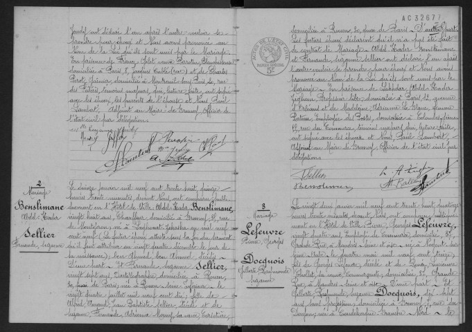 BRUNOY.- Mariages : registre d'état civil (1938). 