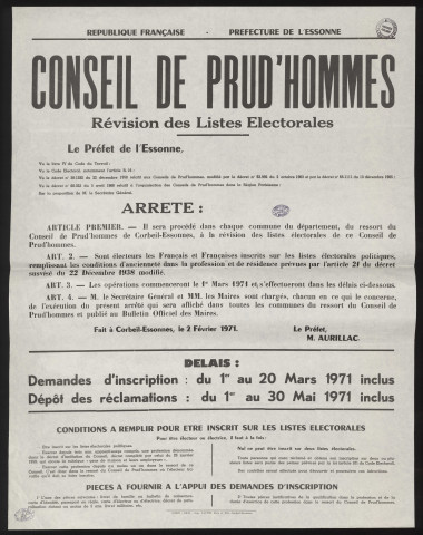Essonne [Département]. - Arrêté préfectoral portant sur la révision des listes électorales pour les élections du conseil des prud'hommes, 2 février 1971. 