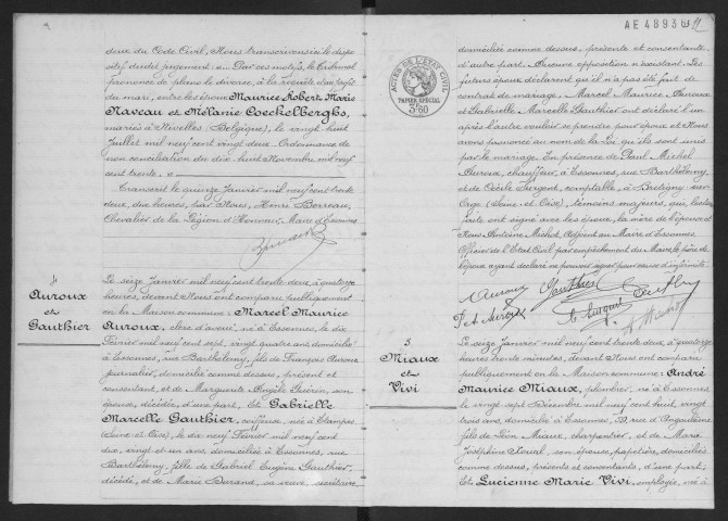 ESSONNES.- Mariages : registre d'état civil. 