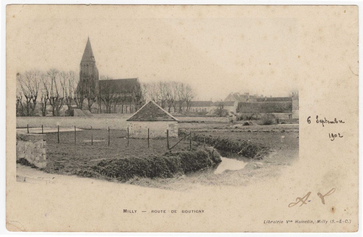 MILLY-LA-FORET. - Vu de la route de Boutigny [Editeur Hamelin, 1902, timbre à 5 centimes]. 