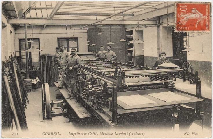CORBEIL-ESSONNES. - Imprimerie Crété, machine Lambert (couleurs), ND, 1910, 4 lignes, 10 c, ad., cote négatif 9A98c. 