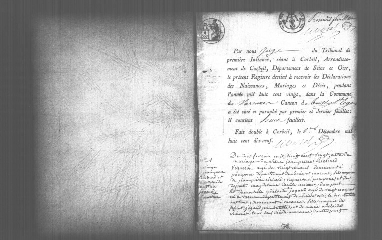 VARENNES-JARCY. Naissances, mariages, décès : registre d'état civil (1820-1841). 