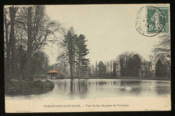 VERRIERES-LE-BUISSON. - Vue du lac du parc de Verrière. (1914, 1 timbre à 5 centimes, colorisée.) 