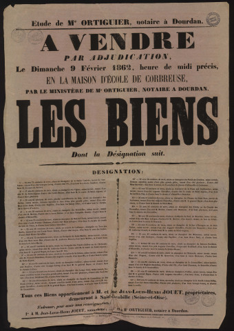 SAINT-ESCOBILLE, CORBREUSE.- Vente par adjudication de terres labourables appartenant à M. et Mme Jean-Louis-Henri JOUET, 9 février 1862. 