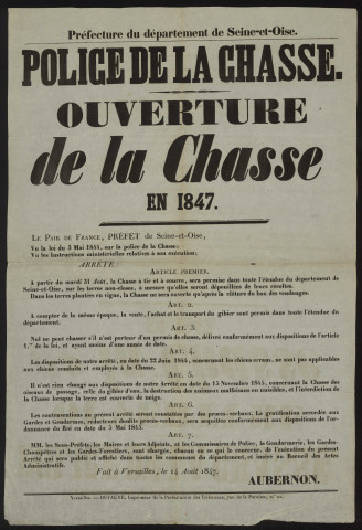 Seine-et-Oise [Département]. - Arrêté préfectoral portant sur l'ouverture de la chasse, 14 août 1847. 