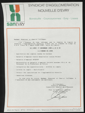 EVRY. - Convocation pour la réunion du Comité du Syndicat d'Agglomération Nouvelle d'Evry, 17 décembre 1990. 