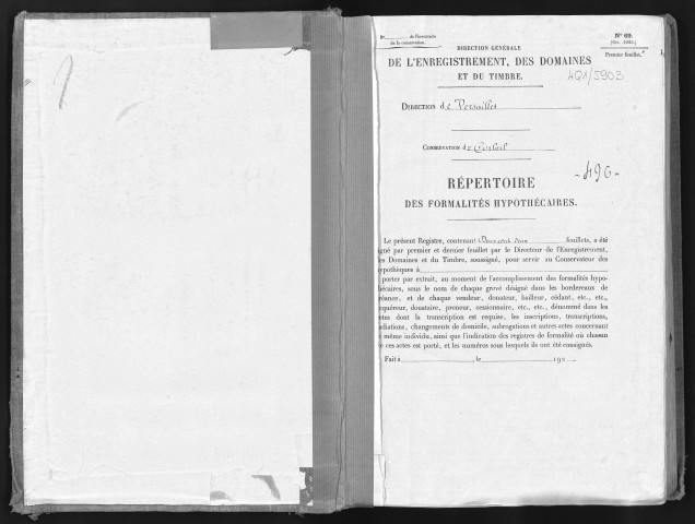 Conservation des hypothèques de CORBEIL. - Répertoire des formalités hypothécaires, volume n° 496 : A-Z (registre ouvert vers 1920). 