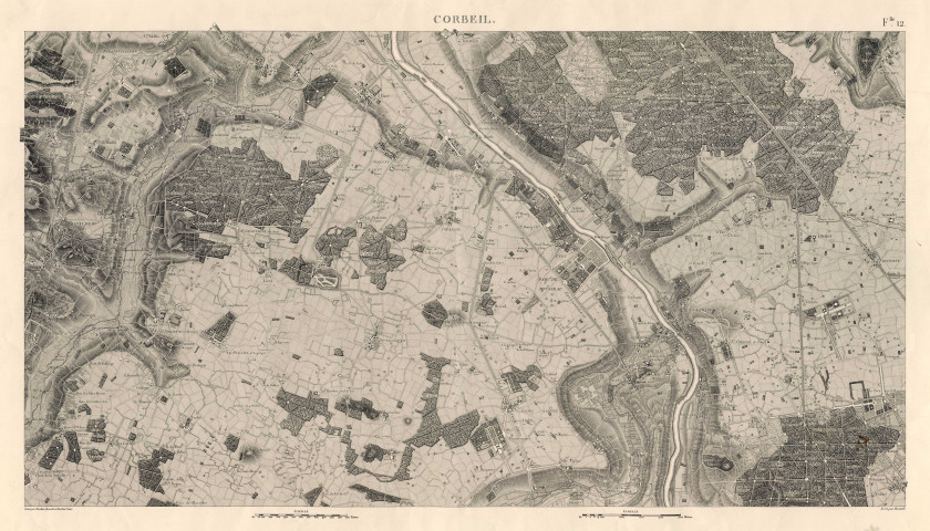 Carte des chasses du roi des environs de CORBEIL, gravée par DOUDAN, BOUCLET et TARDIEU l'ainé, écrite par HERAULT, rééditée par l'Institut géographique national. Ech. 1/2.500. N et B. Dim. 0,73 x 1,04. 