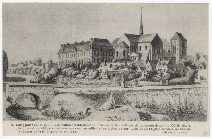LONGPONT-SUR-ORGE. - Les bâtiments intérieurs du prieuré de Notre-Dame-de-Longpont (d'après gravure de 1792). Seine-et-Oise artistique. 
