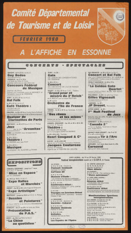 EVRY.- A l'affiche en Essonne : programme culturel, Comité départemental de tourisme et de loisirs, février 1980. 