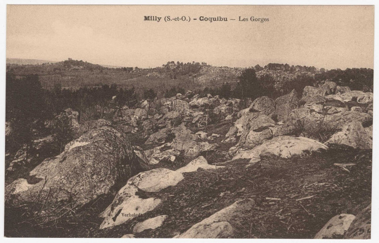MILLY-LA-FORET. - Les gorges et rochers en forêt de Coquibu [Editeur Verheydt, sépia]. 