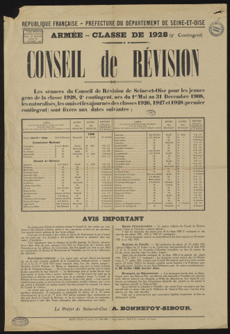 Seine-et-Oise [Département]. - Conseil de révision - Armée - classe 1928, mars 1928. 