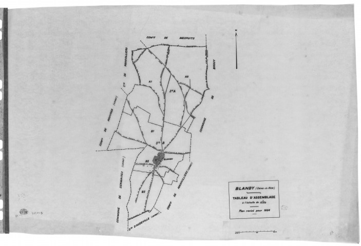 BLANDY.- Cadastre révisé pour 1934 : plan du tableau d'assemblage, plans de la section A le Chemin de la Ferté 1ère feuille, idem 2ème feuille, section B le Village 1ère feuille, idem 2ème feuille, idem 3ème feuille ; cadastre révisé pur 1938 : plan de la section B le Village 3ème feuille, [7 plans].
