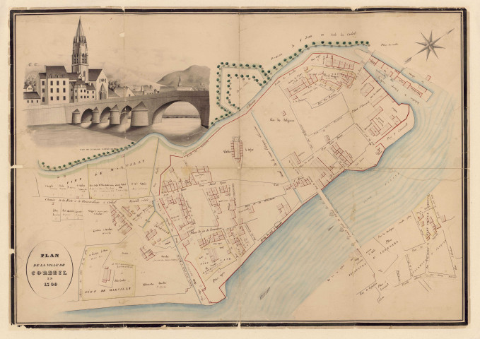 CORBEIL-ESSONNES. - Plan de la ville de Corbeil en 1700, avec dessin représentant l'église Notre-Dame, s. d., sans éch., Coul. Dim. 72 x 102 cm. 