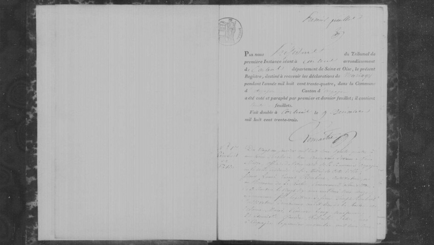ARPAJON. Mariages : registre d'état civil (1834-1843). 