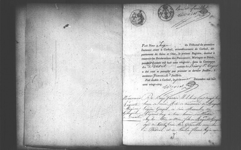 MAINVILLE (DRAVEIL). Naissances, mariages, décès : registre d'état civil (1826-1831). 