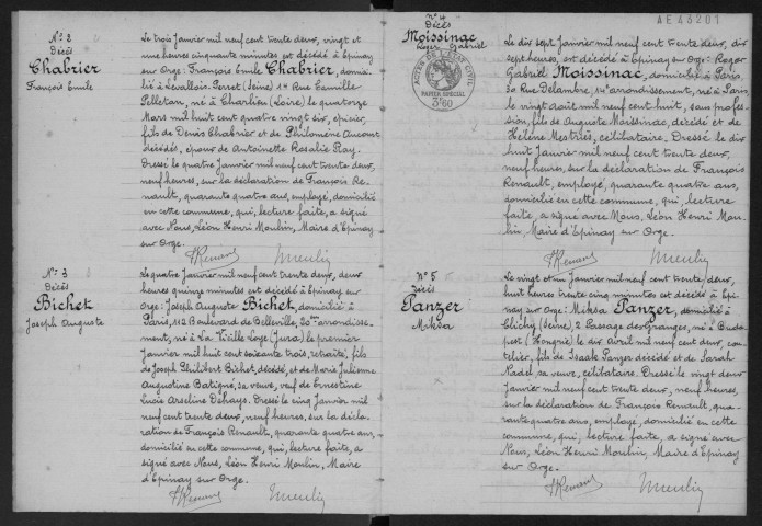 EPINAY-SUR-ORGE.- Décès : registre d'état civil. 