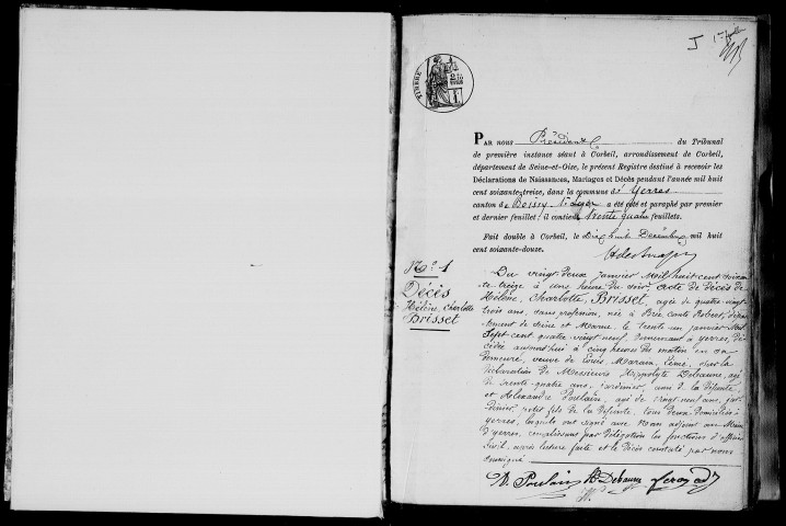 YERRES. Naissances, mariages, décès : registre d'état civil (1873-1877). 