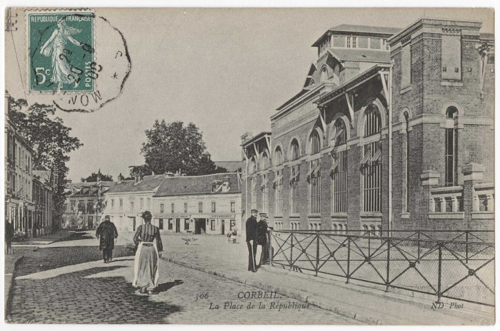 CORBEIL-ESSONNES. - La place de la République, ND, Dubuisson, 1908, 4 mots, 5 c, ad. 