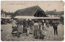 ARPAJON. - Place du marché, Borné, Debuisson, 1908, 2 mots, 5 c, ad., cote négatif 2A55d. 
