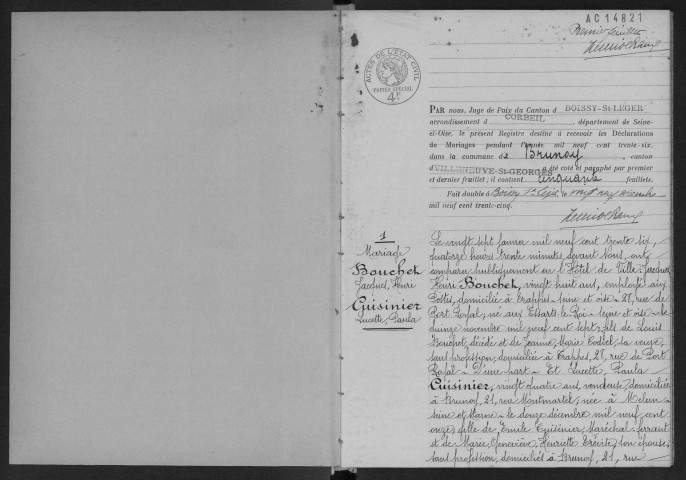 BRUNOY.- Mariages : registre d'état civil (1936). 