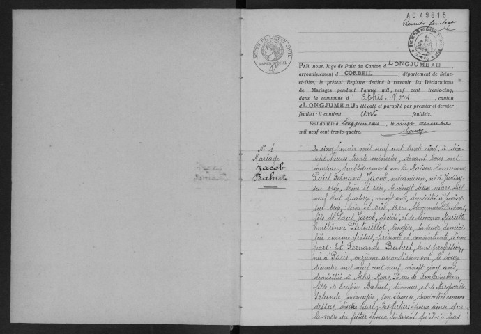 ATHIS-MONS.- Mariages : registre d'état civil (1935). 