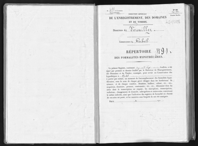 Conservation des hypothèques de CORBEIL. - Répertoire des formalités hypothécaires, volume n° 491 : A-Z (registre ouvert vers 1920). 