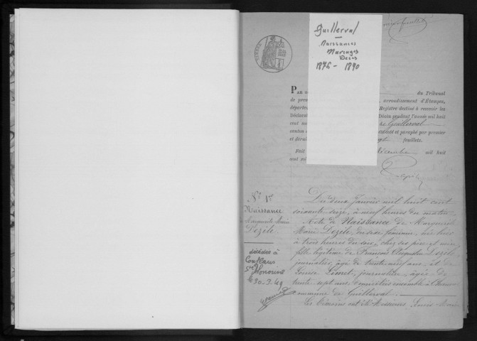 GUILLERVAL . Naissances, mariages, décès : registre d'état civil (1876-1890). 
