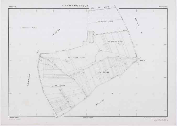 CHAMPMOTTEUX, plans minutes de conservation : tableau d'assemblage, 1953, Ech. 1/10000 ; plans des sections V, W, X, Y, Z, 1953, Ech. 1/2000, section ZA, 1961, Ech. 1/2000. Polyester. N et B. Dim. 105 x 80 cm [7 plans]. 