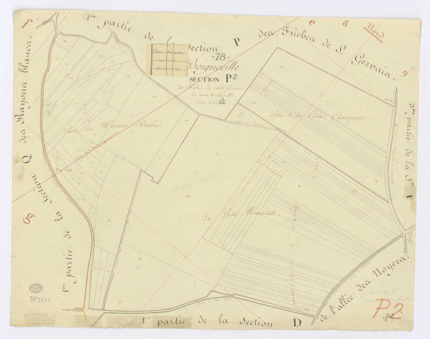 BOIGNEVILLE. - Section P - Friches de Saint-Gervais (les), 2, ech. 1/1250, coul., aquarelle, papier, 53x65 (1813). 