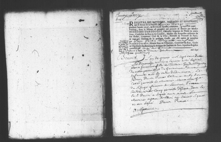 EPINAY-SOUS-SENART. Paroisse Sainte-Geneviève : Baptêmes, mariages, sépultures : registre paroissial (1670-1742). [Lacunes : B.M.S. (1672-1691, 1708, 1711, 1716-1736)]. 