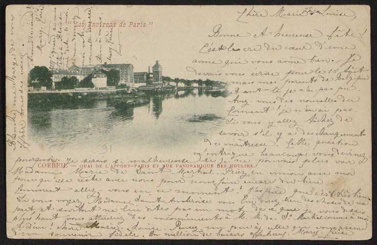 Corbeil-Essonnes.- Quai de l'Apport-Paris et vue panoramique des grands moulins (24 août 1904). 