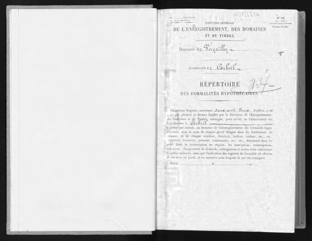 Conservation des hypothèques de CORBEIL. - Répertoire des formalités hypothécaires, volume n° 427 : A-Z (registre ouvert vers 1920). 