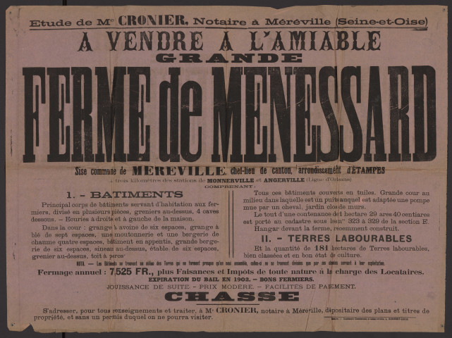 MEREVILLE. - Vente à l'amiable de la Ferme de Menessard avec 181 hectares de terres labourables (1901). 