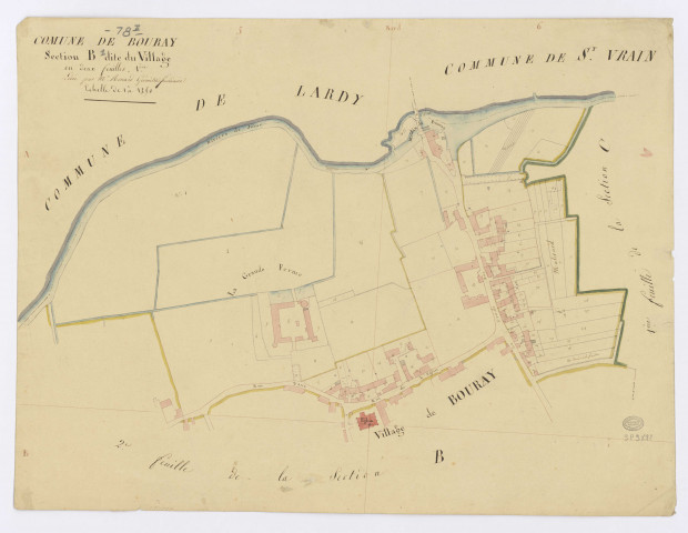 BOURAY-SUR-JUINE. - Section B - Village (le), 1, ech. 1/1250, coul., aquarelle, papier, 51x67 (sd). 
