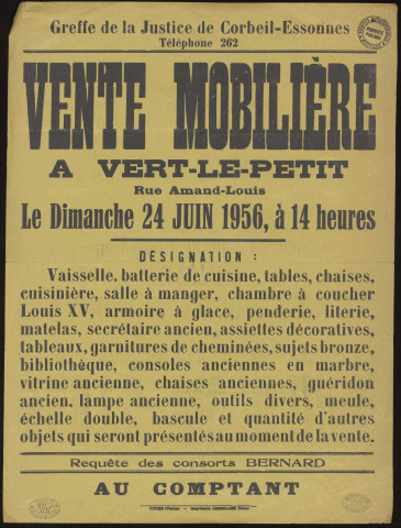 VERT-LE-PETIT.- Vente mobilière sur requête des consorts BERNARD, 24 juin 1956. 